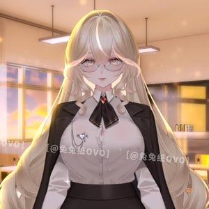 May include: Anime-style illustration of a person in a school setting. The character has long blonde hair, glasses, and wears a white shirt, black blazer, and skirt. A black bow tie and a decorative pin are also visible. The background shows a classroom with desks and windows.