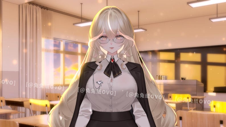 May include: Anime-style illustration of a person in a school setting. The character has long blonde hair, glasses, and wears a white shirt, black blazer, and skirt. A black bow tie and a decorative pin are also visible. The background shows a classroom with desks and windows.