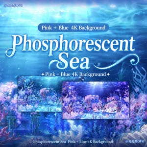 Könnte beinhalten: Eine digitale Grafik mit dem Titel Phosphorescent Sea und einem rosa-blauen 4K-Hintergrund. Das Bild zeigt zwei rechteckige Felder mit einer Unterwasserszene, die leuchtende Korallenriffe, Wasserpflanzen und Quallen in Blau- und Rosatönen darstellt.