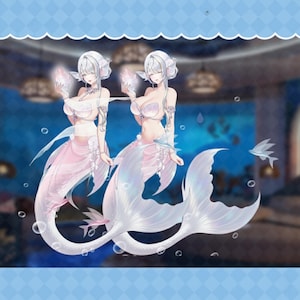 May include: Illustration of two mermaids with white hair and shimmering white and pink tails. They hold glowing pink crystals. The background features an underwater scene with bubbles and fish.