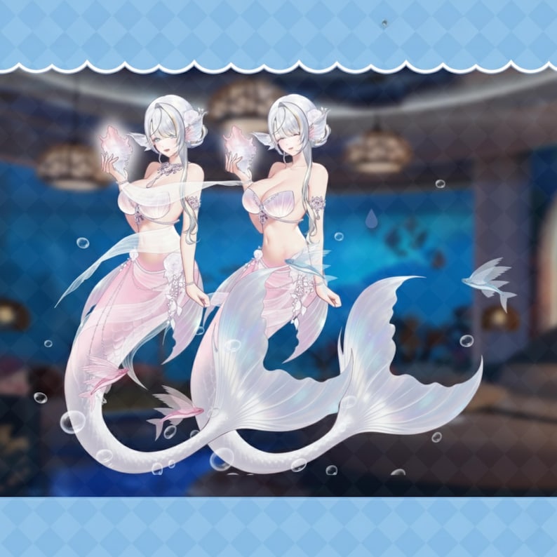 May include: Illustration of two mermaids with white hair and shimmering white and pink tails. They hold glowing pink crystals. The background features an underwater scene with bubbles and fish.