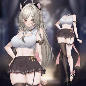 May include: A white crop top with a heart-shaped cutout, paired with a brown pleated skirt and black thigh-high stockings. The outfit includes a cat ear headband, a choker with a bell, and pink bows. The style is anime-inspired.