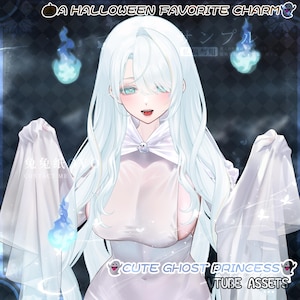 May include: An anime-style illustration of a character with long white hair, teal eyes, and fangs, wearing a white hooded garment with a small ghost pin. The text reads A HALLOWEEN FAVORITE CHARM and CUTE GHOST PRINCESS VTUBE ASSETS with blue flames.