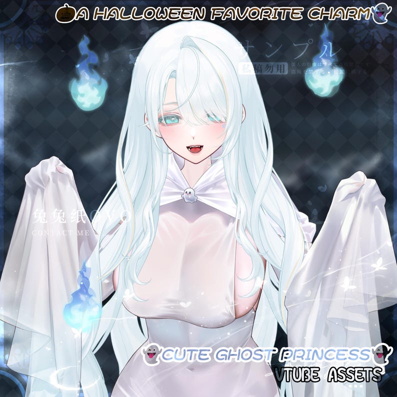 May include: An anime-style illustration of a character with long white hair, teal eyes, and fangs, wearing a white hooded garment with a small ghost pin. The text reads A HALLOWEEN FAVORITE CHARM and CUTE GHOST PRINCESS VTUBE ASSETS with blue flames.