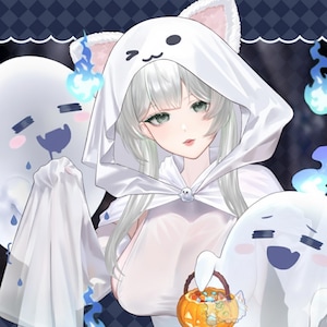 May include: An illustration of a person dressed in a white cat-eared ghost costume, holding a pumpkin-shaped candy basket. Two cartoon ghosts with blue flames and a dark blue background complete the Halloween theme.