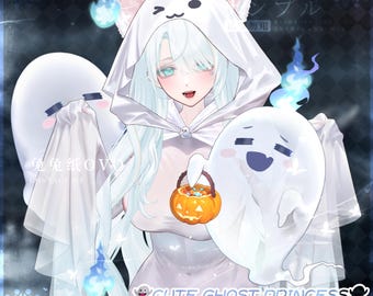 May include: An anime-style illustration of a character with long white hair wearing a white hooded cloak with cat ears. The character holds a small orange jack-o'-lantern bucket and is surrounded by two white ghosts and blue flames. Text reads A HALLOWEEN FAVORITE CHARM and CUTE GHOST PRINCESS VTUBE ASSETS.
