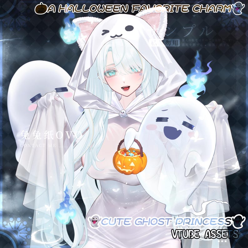 May include: An anime-style illustration of a character with long white hair wearing a white hooded cloak with cat ears. The character holds a small orange jack-o'-lantern bucket and is surrounded by two white ghosts and blue flames. Text reads A HALLOWEEN FAVORITE CHARM and CUTE GHOST PRINCESS VTUBE ASSETS.