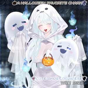 May include: An anime-style illustration of a character with long white hair wearing a white ghost-themed hooded cloak. The character holds a small orange jack-o'-lantern bucket filled with sweets, surrounded by floating blue ghost flames and spirits.