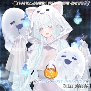 May include: An anime-style illustration featuring a character with long white hair wearing a white hooded cloak with cat ears. The character is surrounded by two white ghosts and blue flames, holding a small orange jack-o'-lantern bucket.