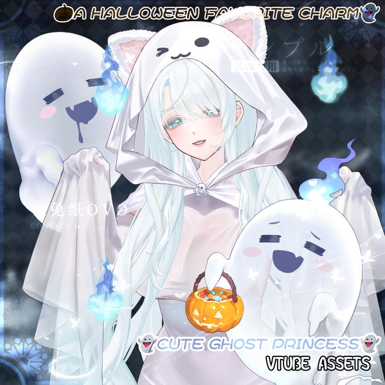 May include: An anime-style illustration featuring a character with long white hair wearing a white hooded cloak with cat ears. The character is surrounded by two white ghosts and blue flames, holding a small orange jack-o'-lantern bucket.