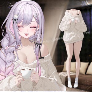 May include: An anime-style illustration of a person with long, lavender hair, wearing a white sweater and holding a mug with a bear design. The image also shows a headless figure in a similar sweater, holding a mug.