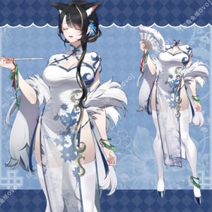 May include: Two illustrations of a character in a white and blue qipao dress with a high slit. The dress has floral patterns and a fur trim. The character has black hair with cat ears and is holding a fan and a cigarette holder.