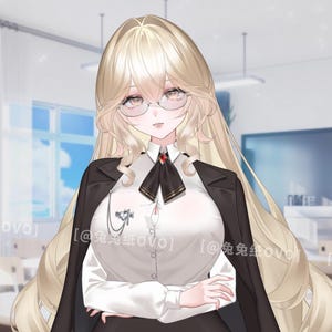 May include: An anime-style illustration of a person with long blonde hair, wearing glasses, a white blouse, a black blazer, and a black tie. The background shows a classroom setting with desks and a chalkboard.