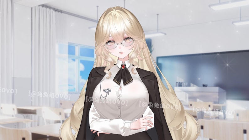 May include: An anime-style illustration of a person with long blonde hair, wearing glasses, a white blouse, a black blazer, and a black tie. The background shows a classroom setting with desks and a chalkboard.