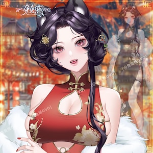 以下が含まれることがあります： 赤いチャイナドレスを着た女性のアニメ風イラスト。金色の花のアクセントとキーホールネックラインが特徴です。黒髪、猫耳、白い毛皮のショールをしています。黒いドレスを着た女性の2番目の透明な画像が表示されています。