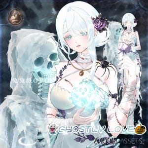 May include: A digital illustration of a character with white hair, wearing a white dress with bandages and dark floral accents. The character holds a glowing blue spirit, accompanied by a skeleton figure, a spider, and text reading GHOSTLY LOVE.