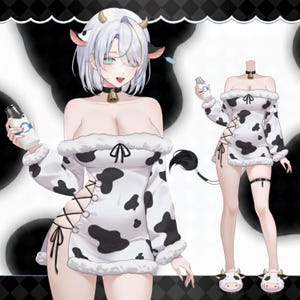 Sweet Milk Cow Woman VTuber Outfit | Cute Milk Hat Live2D Costume | Fluffy Cow Girl VTuber Outfit & Live2D Costume