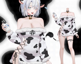 Sweet Milk Cow Woman VTuber Outfit | Cute Milk Hat Live2D Costume | Fluffy Cow Girl VTuber Outfit & Live2D Costume
