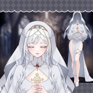 Può includere: Illustrazione di un personaggio in abito da suora bianco, con un ciondolo a croce d'oro e una croce d'oro tra le mani. Il personaggio ha lunghi capelli bianchi e indossa un velo bianco. Lo sfondo è un interno di chiesa sfocato.