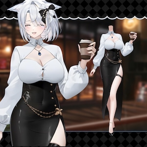 May include: An anime-style character in a white blouse and black corset-style dress, holding a coffee cup. The dress features a high slit and gold chain detail. The character has white hair and cat ears.
