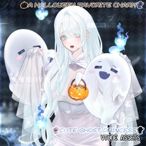 May include: An anime-style illustration of a character with long white hair, wearing a white dress and cape, surrounded by white ghosts and blue flames. The character holds a small orange jack-o'-lantern bucket. Text reads A HALLOWEEN FAVORITE CHARM and CUTE GHOST PRINCESS VTUBE ASSETS.