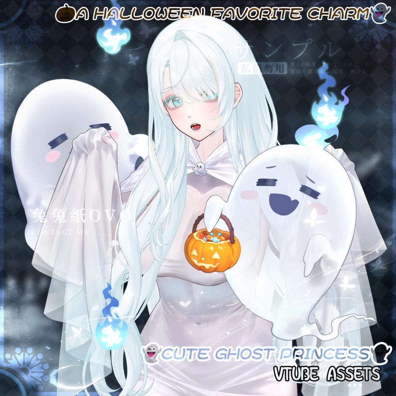 May include: An anime-style illustration of a character with long white hair, wearing a white dress and cape, surrounded by white ghosts and blue flames. The character holds a small orange jack-o'-lantern bucket. Text reads A HALLOWEEN FAVORITE CHARM and CUTE GHOST PRINCESS VTUBE ASSETS.
