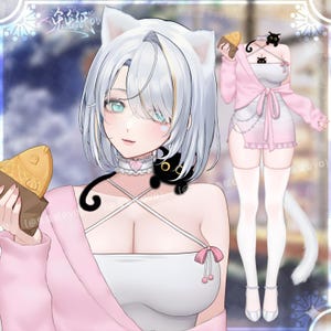 May include: Anime-style illustration of a woman with white hair, cat ears, and blue eyes, holding a fish-shaped pastry. She wears a white top, pink jacket, and a black cat choker. A second outfit is shown on the right.