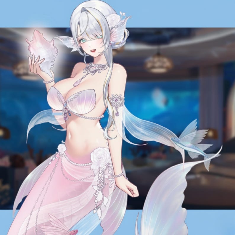 May include: An illustration of a mermaid with long white hair, wearing a seashell bra and a pink skirt. She holds a glowing seashell and is adorned with jewelry. The background suggests an underwater scene.