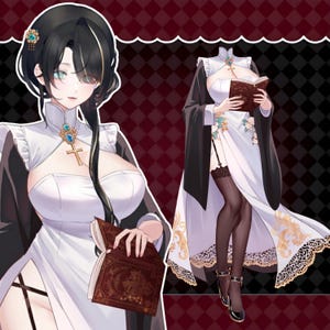 May include: Illustration of a woman in a white dress with a black overcoat, holding a book. The dress features gold floral accents and a cross pendant. The background is a red and black diamond pattern.