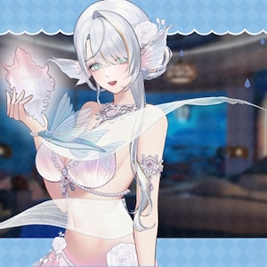 May include: An anime-style illustration of a character with silver hair and a white and pink outfit. The character is holding a seashell and a blue fish. The background is blurred with a blue and white color scheme.