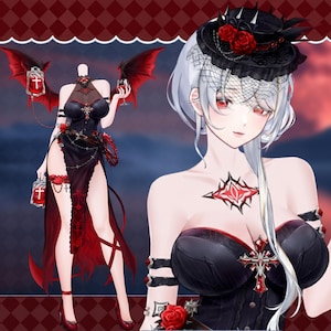 Peut inclure: Illustration de style anime d'une femme en tenue gothique de vampire. La tenue est principalement noire avec des accents rouges, dont un corset, une jupe fendue et des accessoires. Elle porte un chapeau noir avec des roses et un voile. Le fond est un ciel sombre et maussade.