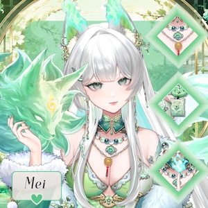 Op de afbeelding: Een anime-stijl illustratie van een personage genaamd Mei met lang wit haar en vossenoren, gekleed in een groene outfit met ingewikkelde sieraden. Het personage houdt een gloeiende groene vossengeest vast en drie ruitvormige inzetstukken tonen sieraden.