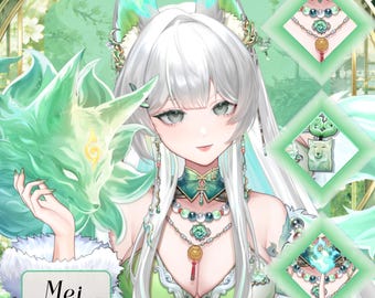 May include: An anime-style illustration of a character named Mei with long white hair and fox ears, wearing a green outfit with intricate jewellery. The character holds a glowing green fox spirit, and three diamond-shaped insets display jewellery details.