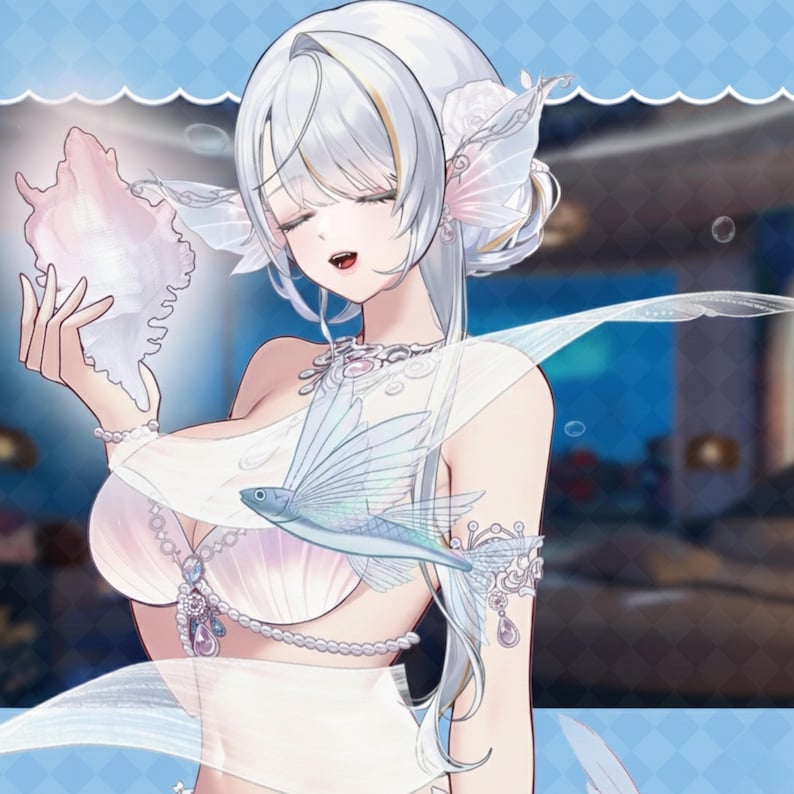 May include: An illustration of a woman with long white hair, adorned with seashell-shaped accessories. She wears a white dress and holds a seashell. A blue fish with wings is depicted near her. The background suggests an underwater scene.