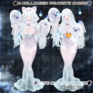 May include: Two digital illustrations of a character with long white hair wearing a white hooded dress with cat ears and a sheer white gown. The character is surrounded by floating white ghost figures with blue flames and holds a small orange pumpkin bucket.