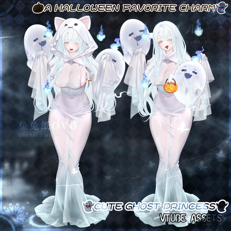 May include: Two digital illustrations of a character with long white hair wearing a white hooded dress with cat ears and a sheer white gown. The character is surrounded by floating white ghost figures with blue flames and holds a small orange pumpkin bucket.