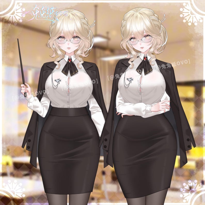 May include: Two anime-style illustrations of a woman wearing a white blouse, black skirt, and a black blazer draped over her shoulders. She has blonde hair, glasses, and a black tie. One figure holds a pointer stick.