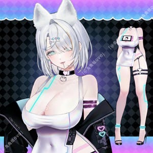 May include: Digital art of a character with white hair, cat ears, and a choker. The character wears a white top, black jacket, and has a futuristic design. A second image shows a full body version of the character in a similar outfit. The background is a gradient of purple and blue.