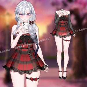 May include: An anime-style illustration of a character in a red and black plaid dress with black lace trim. The character is holding a phone and has silver hair with a braid. A second image shows the outfit separately.