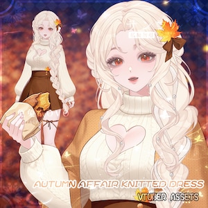 Peut inclure: Une illustration de personnage de style anime représentant une personne aux longs cheveux blonds, portant un pull en tricot torsadé crème avec une découpe en forme de cœur et une jupe marron. Le texte AUTUMN AFFAIR KNITTED DRESS VTUBER ASSETS est visible.
