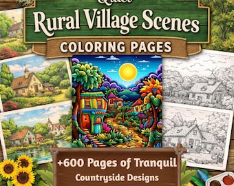 Ruhige ländliche Dorfszenen Malseiten - 600+ druckbare Landhaus- und Dorfillustrationen zur Entspannung | Digitaler Download
