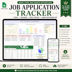 Può includere: Un tracker digitale delle candidature visualizzato su un laptop e uno smartphone. Lo schermo mostra una dashboard con lo stato delle candidature, i prossimi colloqui e un calendario intelligente. Il testo recita "Job Application Tracker".