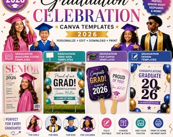 Abschlussfeier Canva Vorlagen 2026 | Zeitschriften-Cover, Fächer-Designs & Werbeschilder