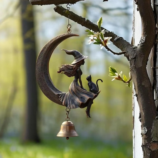 Heks maan kat windgong, gotisch hemels tuin hangend decor, hemels buitenornament, Witchy Home Boho Halloween-cadeau.