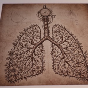May include: A sepia-toned print featuring a detailed anatomical illustration of human lungs transformed into a branching tree structure with leaves and flowers. A pressure gauge sits at the top of the trachea, with faint technical diagrams visible.
