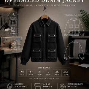 Könnte beinhalten: Digitales Schnittmuster für eine übergroße Jeansjacke. Die schwarze Jeansjacke hat einen Reißverschluss, einen Kragen, vier Taschen und elastische Bündchen und Saum. Das Schnittmuster umfasst die Größen XS bis XXL, mit europäischen Größen. Der Text auf dem Bild lautet "Sew Your Style."