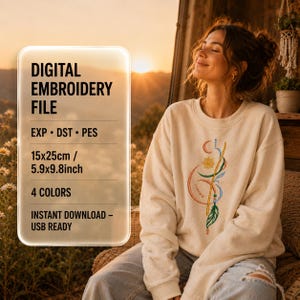 Könnte beinhalten: Ein beiges Sweatshirt mit einer zentralen Stickerei aus Sonne, Mond und Blatt in Orange, Gelb, Blau und Grün. Der Text links lautet: DIGITAL EMBROIDERY FILE, EXP, DST, PES, 15x25cm, 5.9x9.8inch, 4 COLORS, INSTANT DOWNLOAD, USB READY.