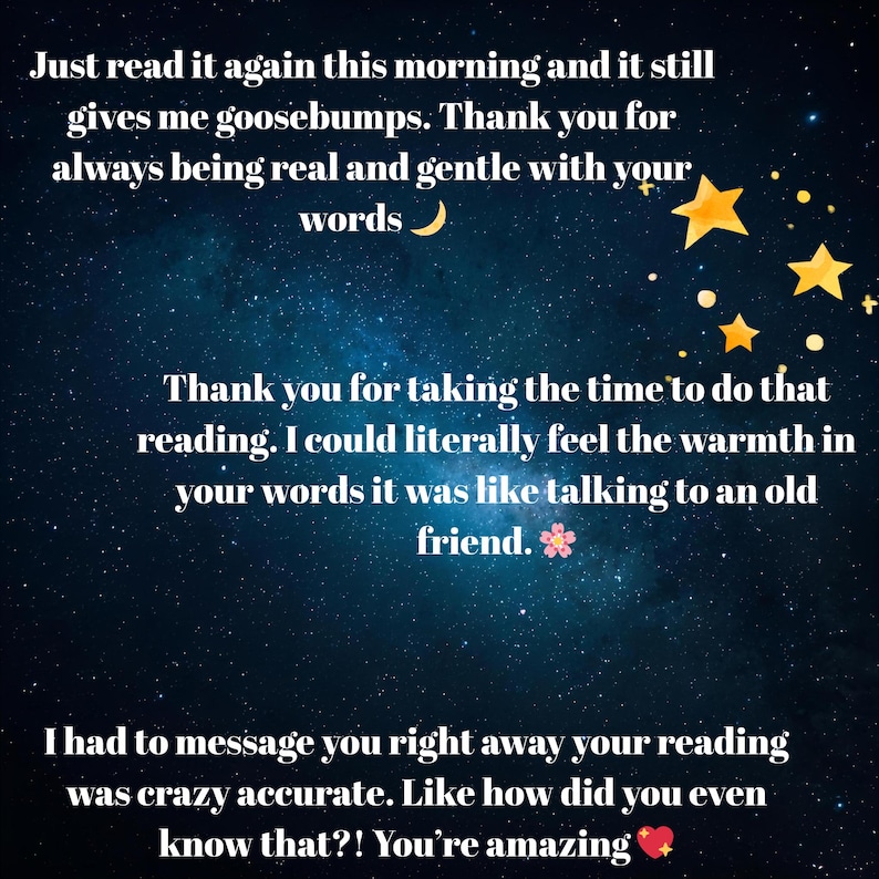 May include: A digital image with a dark blue starry background and white text. The text includes phrases like "goosebumps," "gentle with your words," and "crazy accurate." There are yellow stars and a crescent moon graphic.