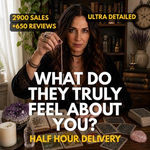 May include: An image featuring a woman with long brown hair, holding a pendulum. Text on the image reads "WHAT DO THEY TRULY FEEL ABOUT YOU?" and "HALF HOUR DELIVERY". Other text includes "2900 SALES +650 REVIEWS" and "ULTRA DETAILED".