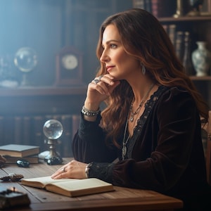 May include: A woman in a dark velvet dress with lace trim sits at a wooden desk, looking thoughtful. A crystal ball, books, and jewelry are on the desk. A clock and bookshelves are in the background, creating a mystical atmosphere.